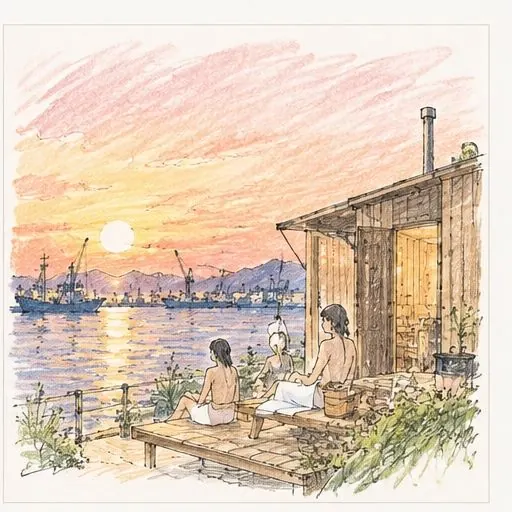 水辺のサウナと夕日
