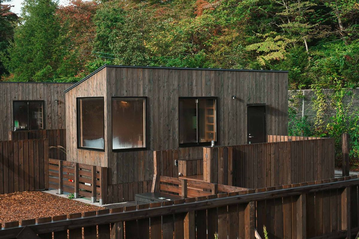 紅葉した森の前に並ぶ、木の外壁の小さな住まい