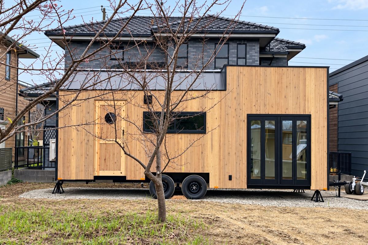 住宅のすぐそばの庭に設置した、木の外壁のトレーラーハウス