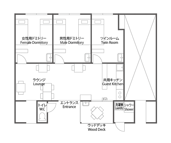 こちらがゲストハウスの設計図。ドミトリーだけではなく、個室やウッドデッキも製作予定です。